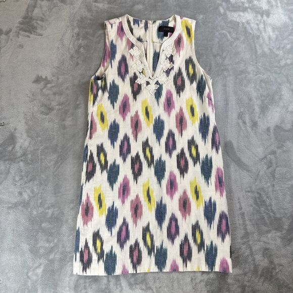 J Crew Ivory Watercolor Ikat Shift Dress Size 8 Embroidered Sleeveless Linen - Picture 1 of 4